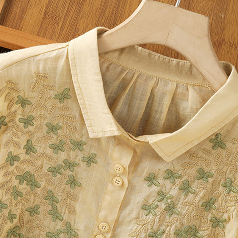 Buddha Stones Casual Plant Embroidery Stand Collar Women's Cotton Blend Three Quarter Sleeve Shirt - image 20