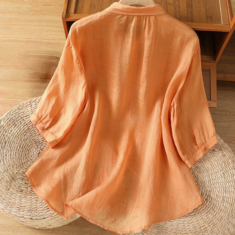 Buddha Stones Casual Plant Embroidery Stand Collar Women's Cotton Blend Three Quarter Sleeve Shirt - image 27