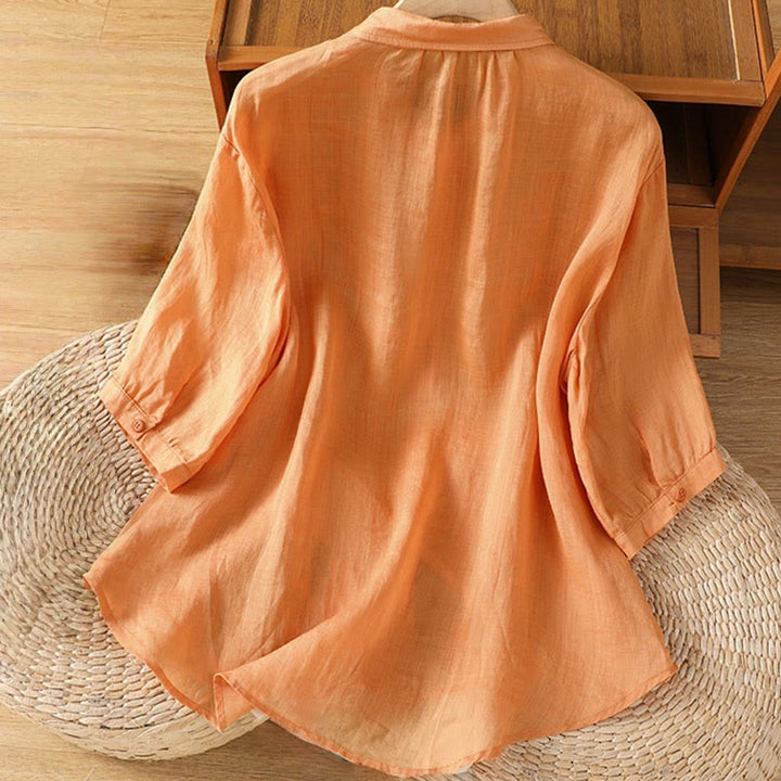 Buddha Stones Casual Plant Embroidery Stand Collar Women's Cotton Blend Three Quarter Sleeve Shirt - image 27