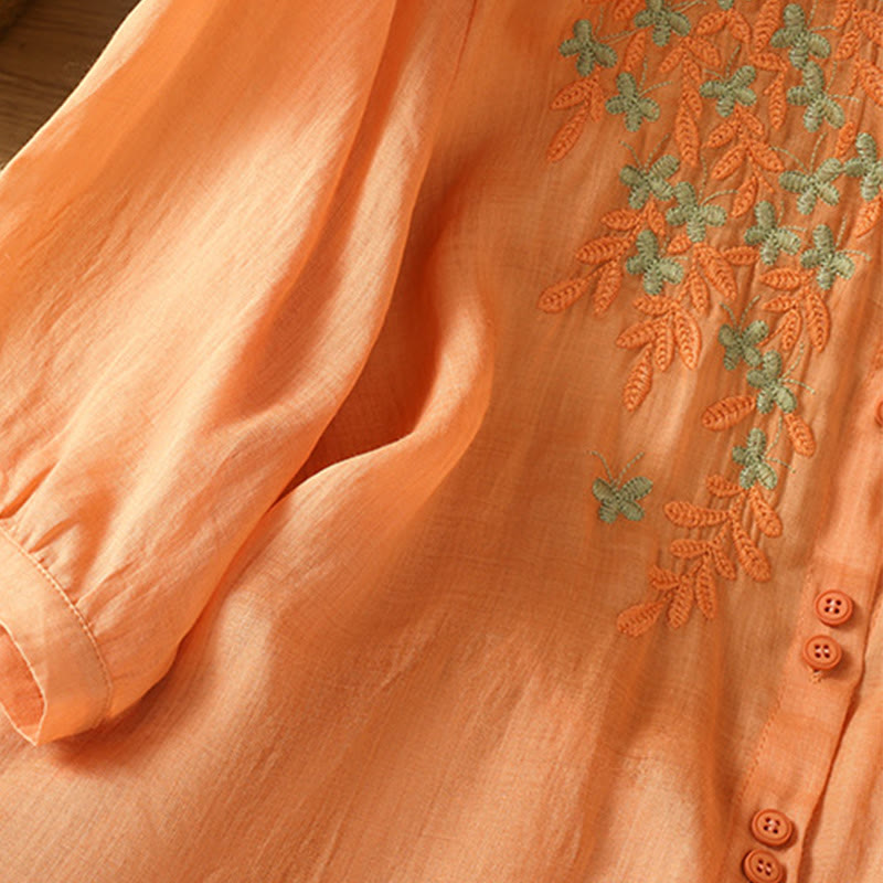 Buddha Stones Casual Plant Embroidery Stand Collar Women's Cotton Blend Three Quarter Sleeve Shirt - image 31