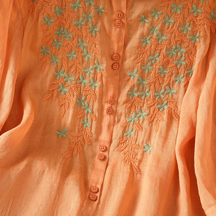 Buddha Stones Casual Plant Embroidery Stand Collar Women's Cotton Blend Three Quarter Sleeve Shirt - image 28