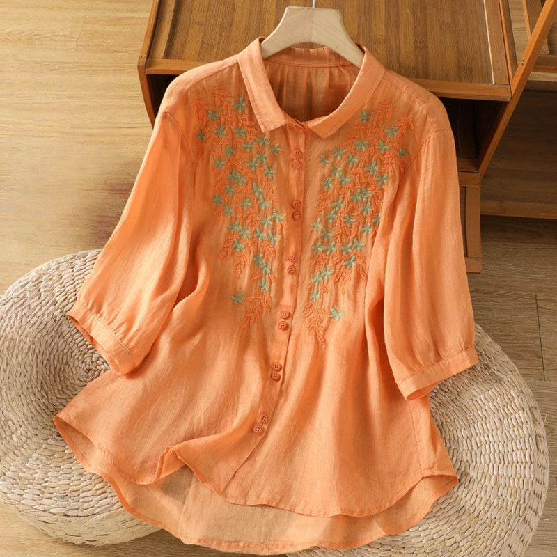 Buddha Stones Casual Plant Embroidery Stand Collar Women's Cotton Blend Three Quarter Sleeve Shirt - Coral - US8-10，UK/AU12-14，EU40-42 (2XL) - image 22