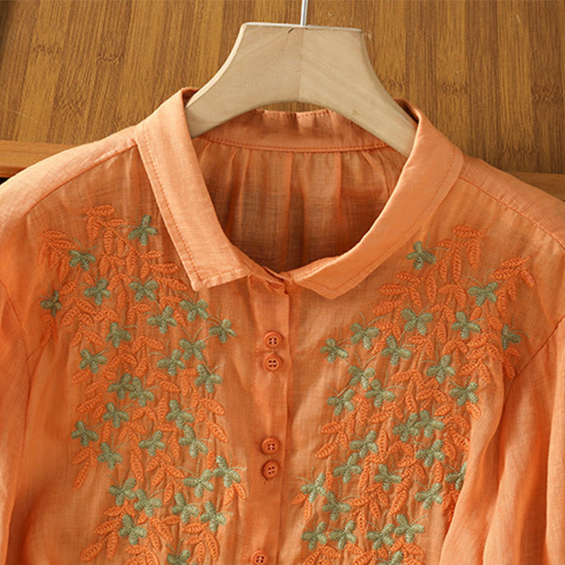 Buddha Stones Casual Plant Embroidery Stand Collar Women's Cotton Blend Three Quarter Sleeve Shirt - image 23