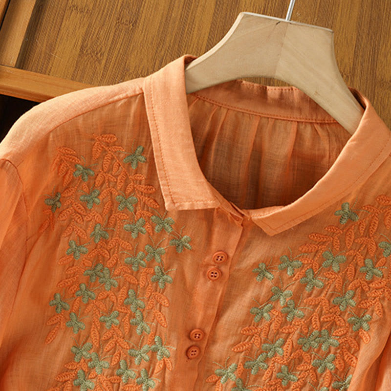 Buddha Stones Casual Plant Embroidery Stand Collar Women's Cotton Blend Three Quarter Sleeve Shirt - image 30