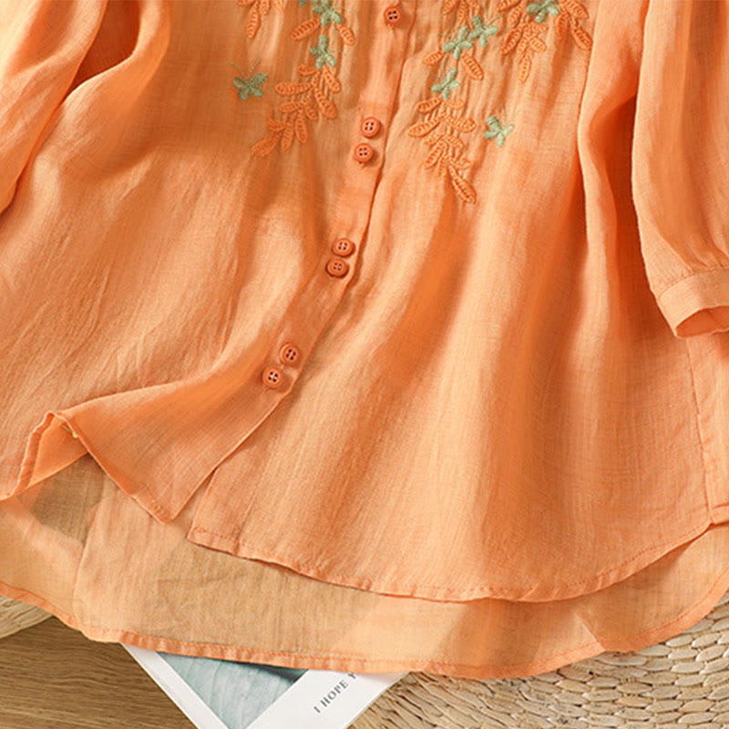Buddha Stones Casual Plant Embroidery Stand Collar Women's Cotton Blend Three Quarter Sleeve Shirt - image 29