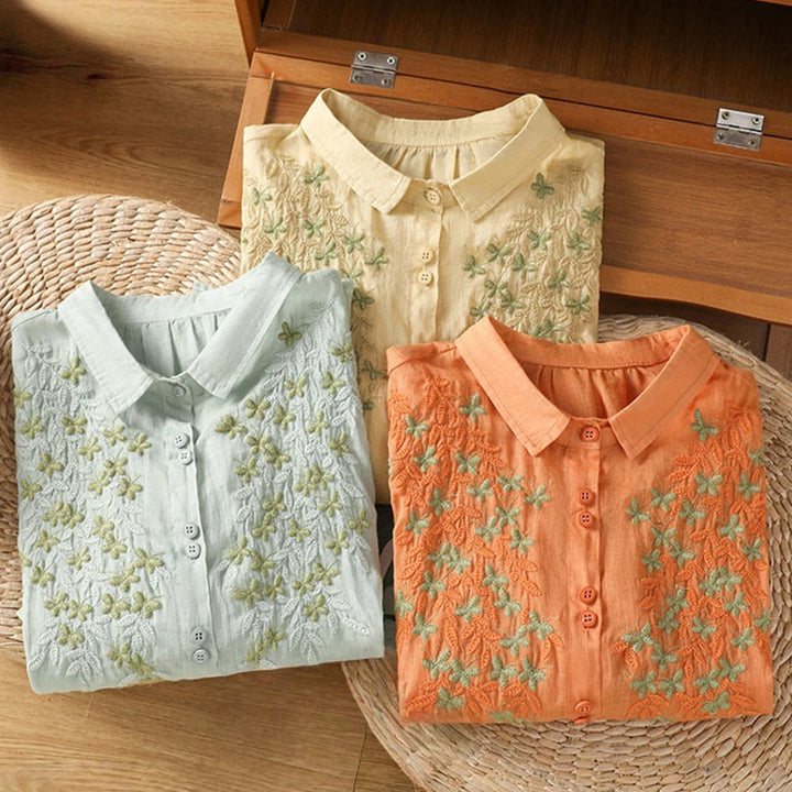 Buddha Stones Casual Plant Embroidery Stand Collar Women's Cotton Blend Three Quarter Sleeve Shirt - image 33