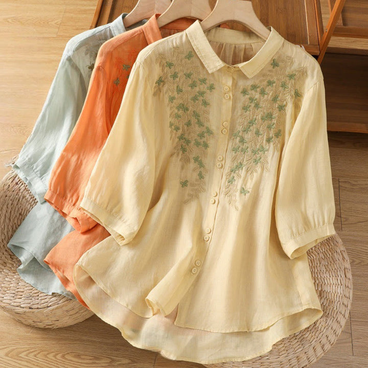 Buddha Stones Casual Plant Embroidery Stand Collar Women's Cotton Blend Three Quarter Sleeve Shirt - image 32