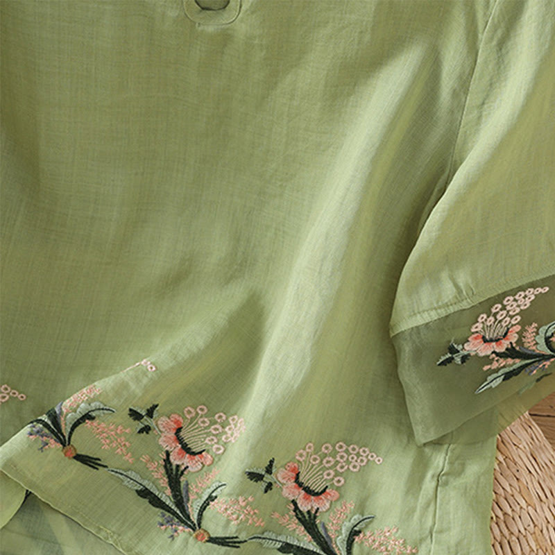 Buddha Stones Casual Floral Embroidery Crew Neck Women's Frog-Button Polyester Half Sleeve Shirt - image 3
