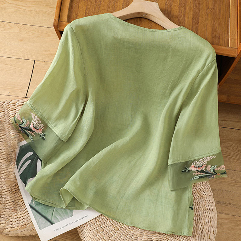 Buddha Stones Casual Floral Embroidery Crew Neck Women's Frog-Button Polyester Half Sleeve Shirt - image 1