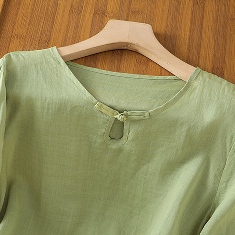 Buddha Stones Casual Floral Embroidery Crew Neck Women's Frog-Button Polyester Half Sleeve Shirt - image 4