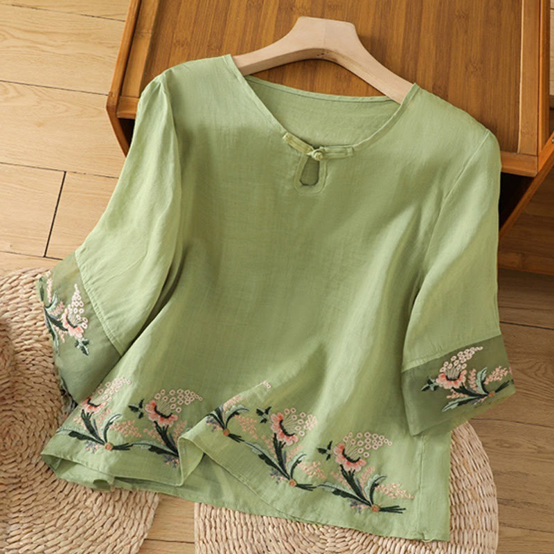Buddha Stones Casual Floral Embroidery Crew Neck Women's Frog-Button Polyester Half Sleeve Shirt - YellowGreen - US8-10，UK/AU12-14，EU40-42 (2XL) - image 1