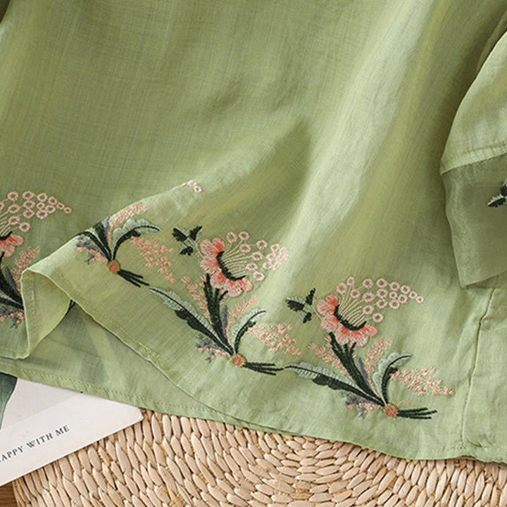 Buddha Stones Casual Floral Embroidery Crew Neck Women's Frog-Button Polyester Half Sleeve Shirt - image 6