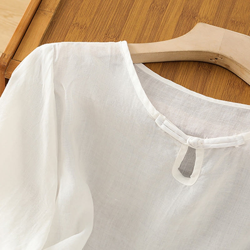 Buddha Stones Casual Floral Embroidery Crew Neck Women's Frog-Button Polyester Half Sleeve Shirt - image 10