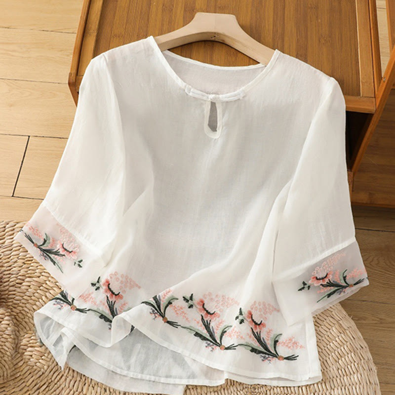 Buddha Stones Casual Floral Embroidery Crew Neck Women's Frog-Button Polyester Half Sleeve Shirt - White - US8-10，UK/AU12-14，EU40-42 (2XL) - image 7
