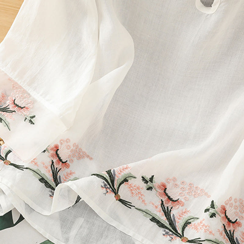 Buddha Stones Casual Floral Embroidery Crew Neck Women's Frog-Button Polyester Half Sleeve Shirt - image 15
