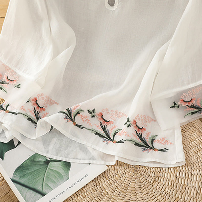 Buddha Stones Casual Floral Embroidery Crew Neck Women's Frog-Button Polyester Half Sleeve Shirt - image 12