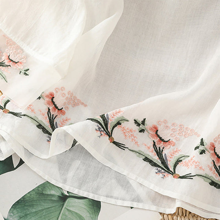 Buddha Stones Casual Floral Embroidery Crew Neck Women's Frog-Button Polyester Half Sleeve Shirt - image 13