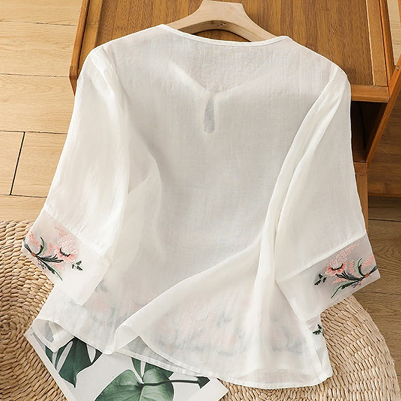Buddha Stones Casual Floral Embroidery Crew Neck Women's Frog-Button Polyester Half Sleeve Shirt - image 8