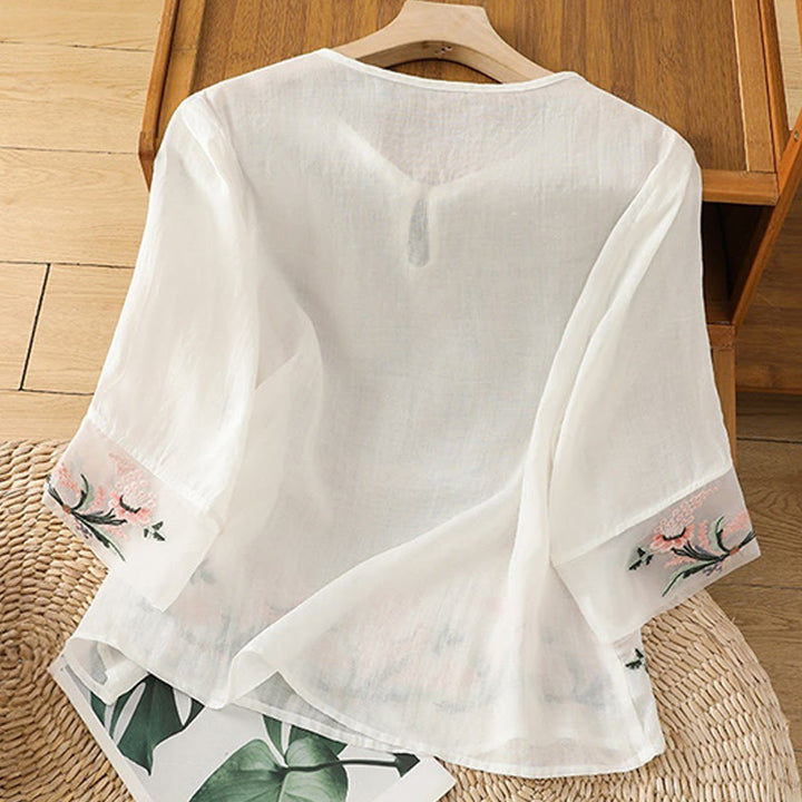 Buddha Stones Casual Floral Embroidery Crew Neck Women's Frog-Button Polyester Half Sleeve Shirt - image 8