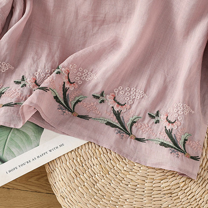 Buddha Stones Casual Floral Embroidery Crew Neck Women's Frog-Button Polyester Half Sleeve Shirt - image 18