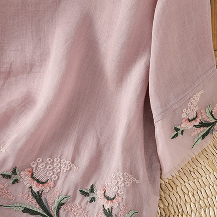 Buddha Stones Casual Floral Embroidery Crew Neck Women's Frog-Button Polyester Half Sleeve Shirt - image 20