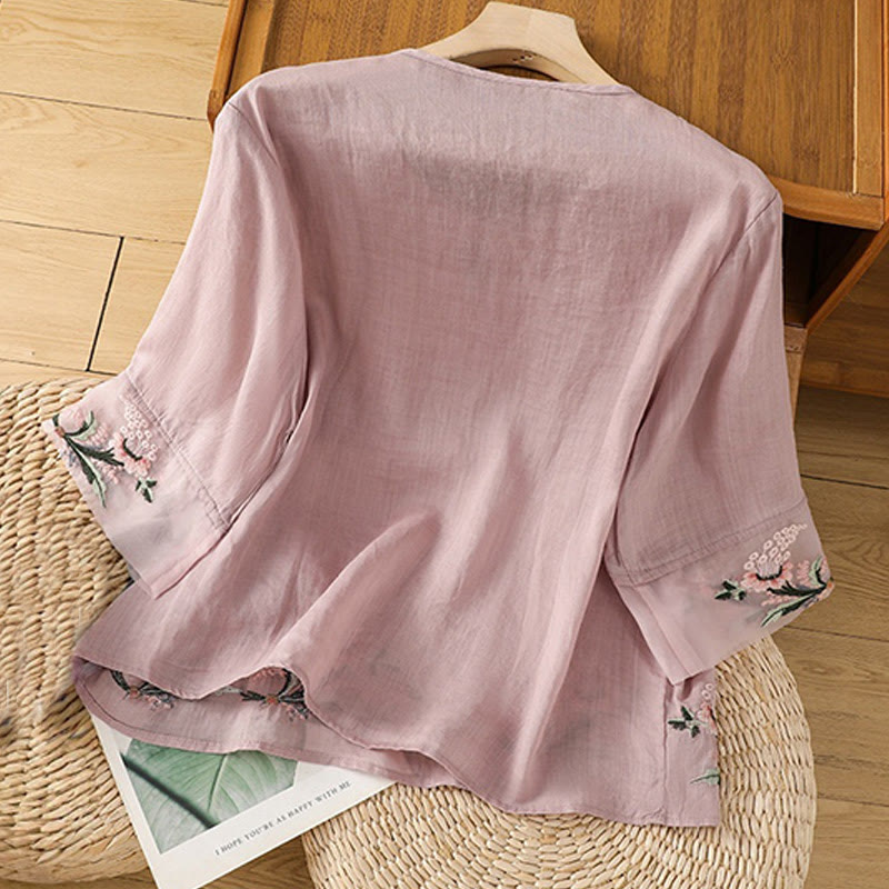 Buddha Stones Casual Floral Embroidery Crew Neck Women's Frog-Button Polyester Half Sleeve Shirt - image 17