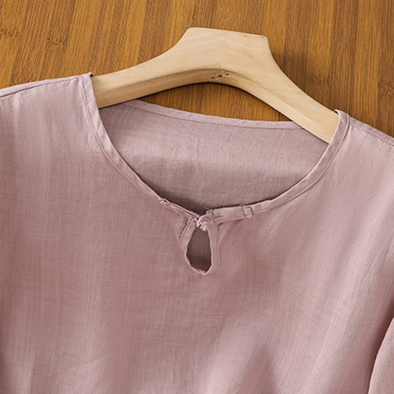 Buddha Stones Casual Floral Embroidery Crew Neck Women's Frog-Button Polyester Half Sleeve Shirt - image 20