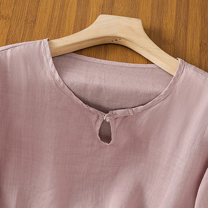 Buddha Stones Casual Floral Embroidery Crew Neck Women's Frog-Button Polyester Half Sleeve Shirt - image 20