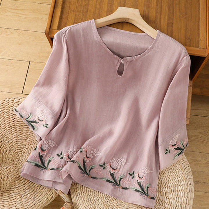 Buddha Stones Casual Floral Embroidery Crew Neck Women's Frog-Button Polyester Half Sleeve Shirt - Plum - US8-10，UK/AU12-14，EU40-42 (2XL) - image 16