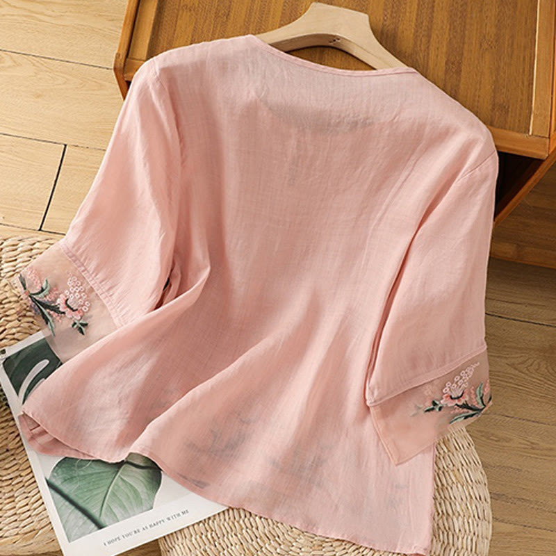 Buddha Stones Casual Floral Embroidery Crew Neck Women's Frog-Button Polyester Half Sleeve Shirt - image 23