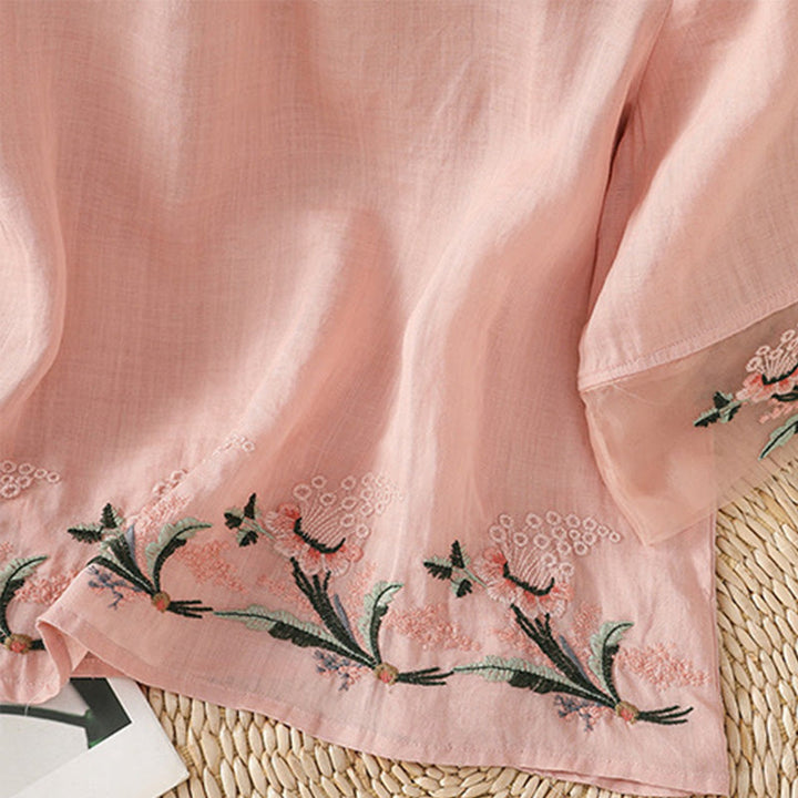 Buddha Stones Casual Floral Embroidery Crew Neck Women's Frog-Button Polyester Half Sleeve Shirt - image 27
