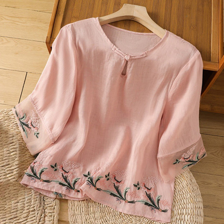 Buddha Stones Casual Floral Embroidery Crew Neck Women's Frog-Button Polyester Half Sleeve Shirt - Pink - US8-10，UK/AU12-14，EU40-42 (2XL) - image 22