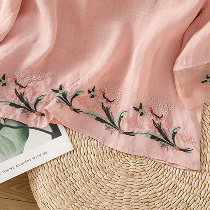 Buddha Stones Casual Floral Embroidery Crew Neck Women's Frog-Button Polyester Half Sleeve Shirt - image 28