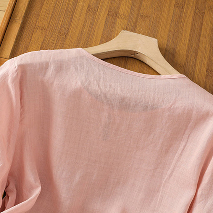 Buddha Stones Casual Floral Embroidery Crew Neck Women's Frog-Button Polyester Half Sleeve Shirt - image 26