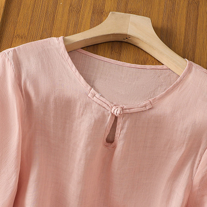 Buddha Stones Casual Floral Embroidery Crew Neck Women's Frog-Button Polyester Half Sleeve Shirt - image 25