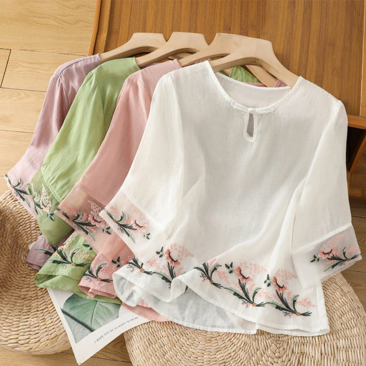 Buddha Stones Casual Floral Embroidery Crew Neck Women's Frog-Button Polyester Half Sleeve Shirt - image 29