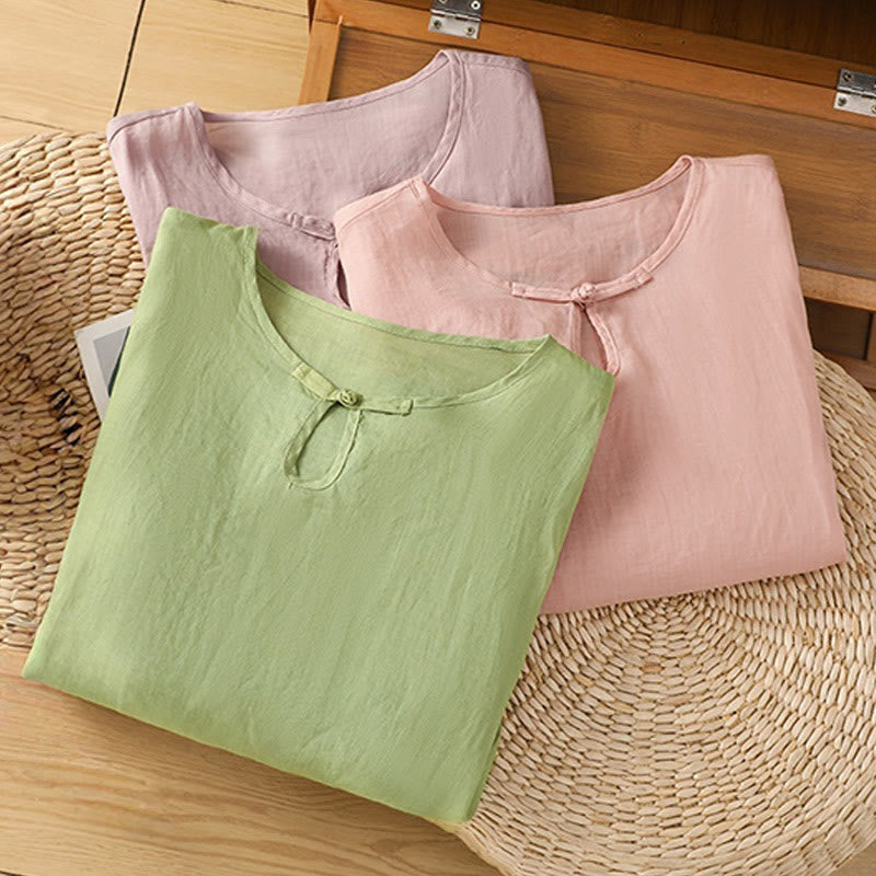 Buddha Stones Casual Floral Embroidery Crew Neck Women's Frog-Button Polyester Half Sleeve Shirt - image 30