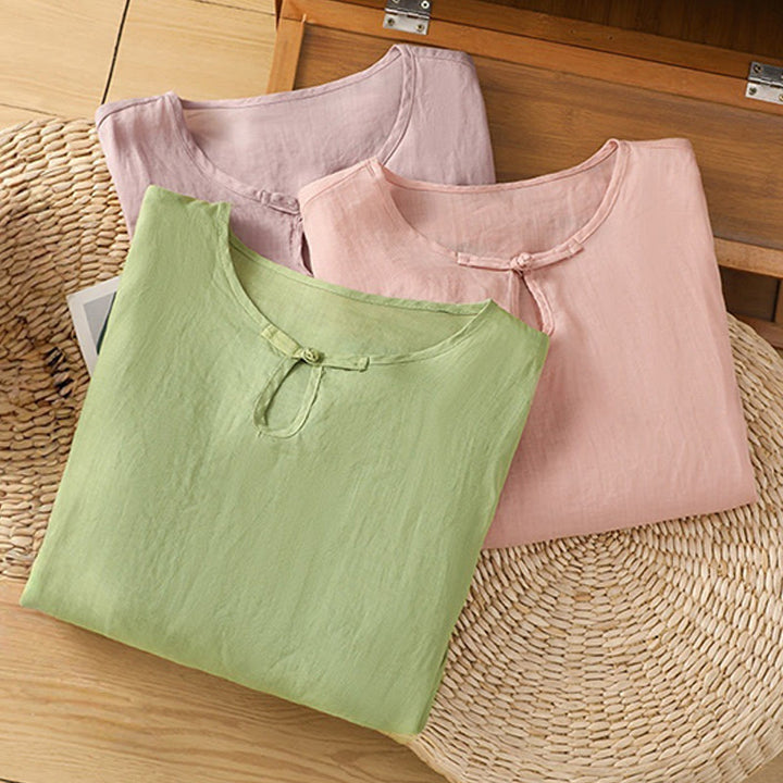 Buddha Stones Casual Floral Embroidery Crew Neck Women's Frog-Button Polyester Half Sleeve Shirt - image 30