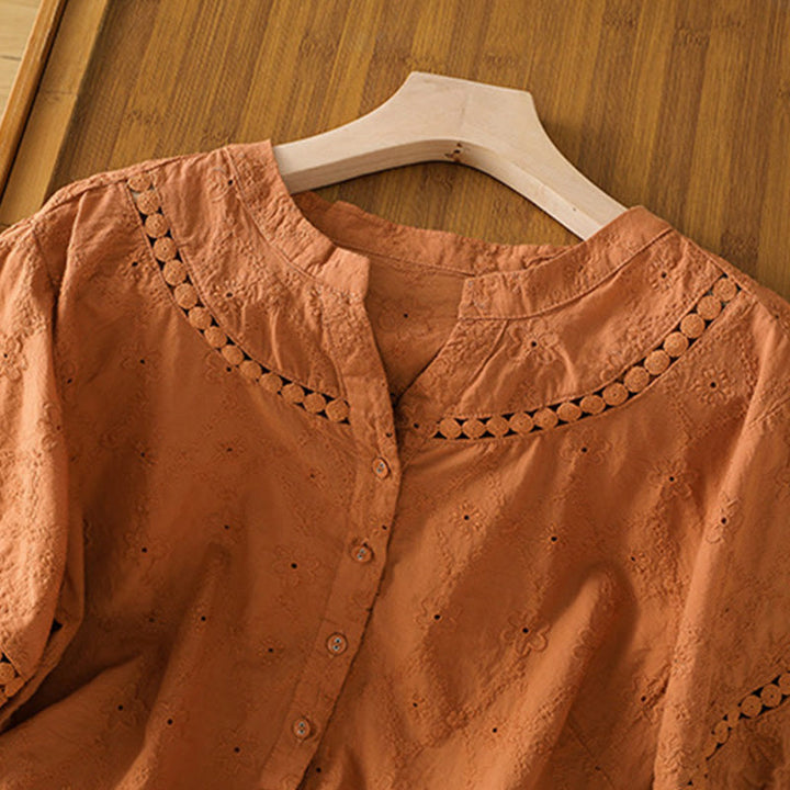 Buddha Stones Casual Plain Hollow Notched Women's Cotton Linen Half Sleeve Shirt - image 2