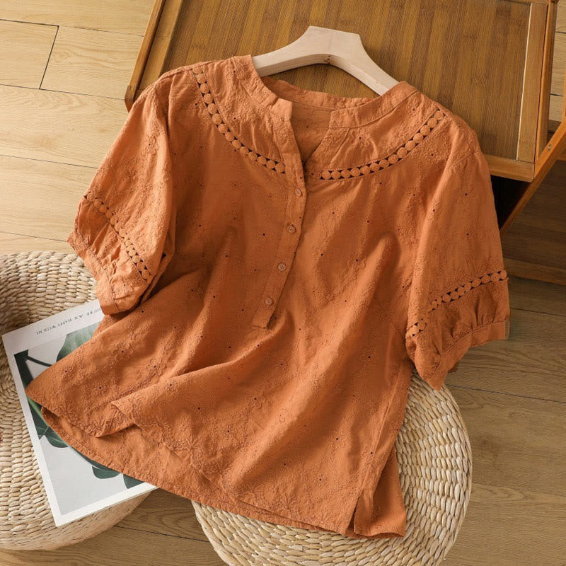 Buddha Stones Casual Plain Hollow Notched Women's Cotton Linen Half Sleeve Shirt - DarkOrange - US8-10，UK/AU12-14，EU40-42 (2XL) - image 0
