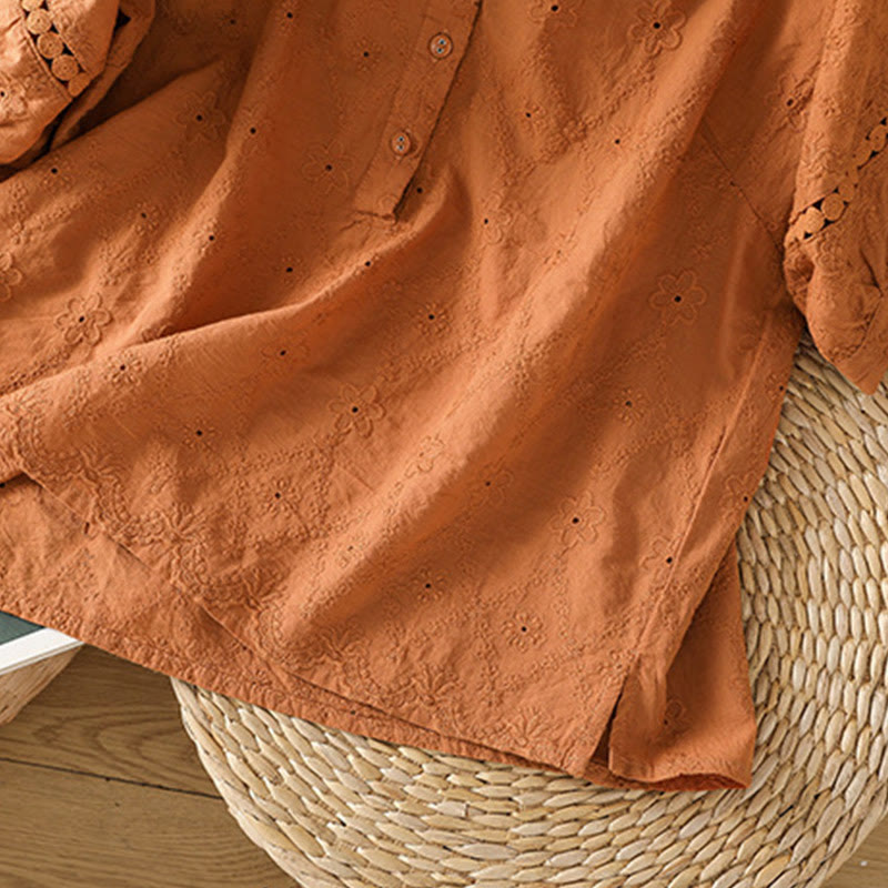 Buddha Stones Casual Plain Hollow Notched Women's Cotton Linen Half Sleeve Shirt - image 6