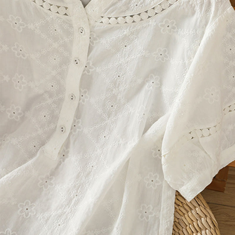 Buddha Stones Casual Plain Hollow Notched Women's Cotton Linen Half Sleeve Shirt - image 14