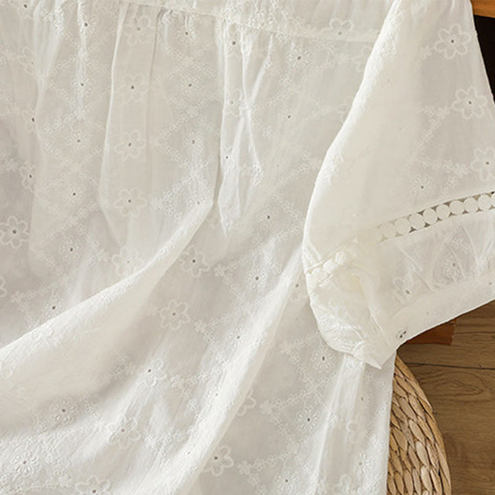 Buddha Stones Casual Plain Hollow Notched Women's Cotton Linen Half Sleeve Shirt - image 15