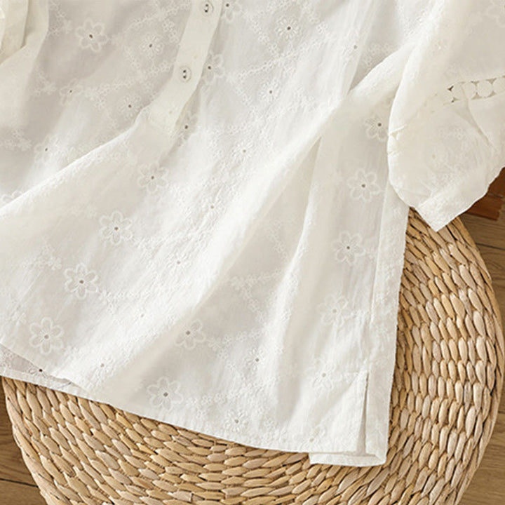 Buddha Stones Casual Plain Hollow Notched Women's Cotton Linen Half Sleeve Shirt - image 13