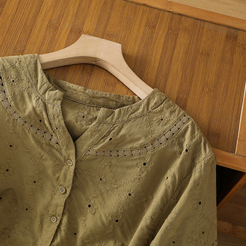 Buddha Stones Casual Plain Hollow Notched Women's Cotton Linen Half Sleeve Shirt - image 18