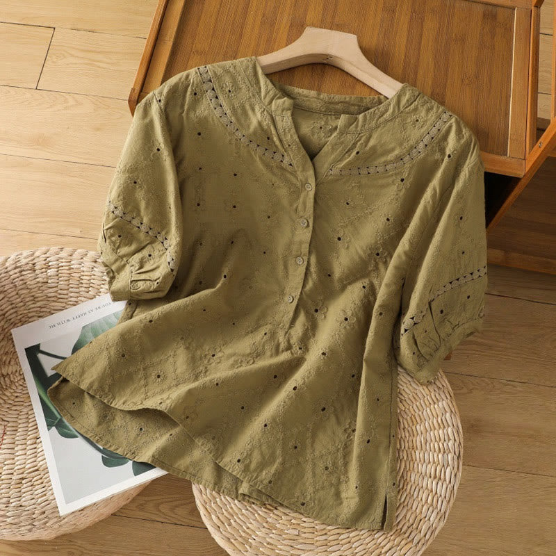 Buddha Stones Casual Plain Hollow Notched Women's Cotton Linen Half Sleeve Shirt - DarkKhaki - US8-10，UK/AU12-14，EU40-42 (2XL) - image 16