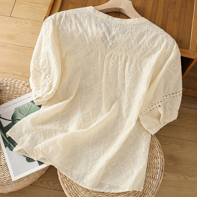 Buddha Stones Casual Plain Hollow Notched Women's Cotton Linen Half Sleeve Shirt - image 29