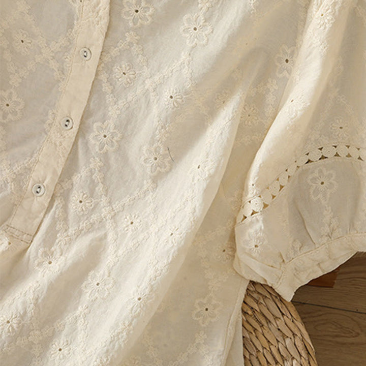 Buddha Stones Casual Plain Hollow Notched Women's Cotton Linen Half Sleeve Shirt - image 27