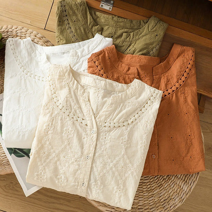 Buddha Stones Casual Plain Hollow Notched Women's Cotton Linen Half Sleeve Shirt - image 31