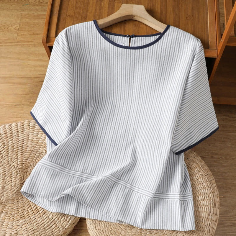 Buddha Stones Pullover Stripes Crew Neck Design Women's Cotton Short Sleeves Shirt - LightBlue - US8-10，UK/AU12-14，EU40-42 (2XL) - image 1